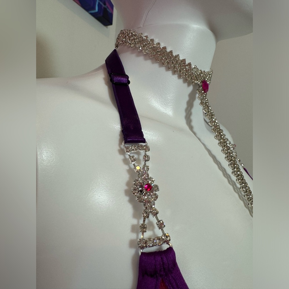 Pink & Purple Sequin Rhinestone Burlesque 5 Piece Lingerie Set XS/XS Hand Sewn - Picture 12 of 17